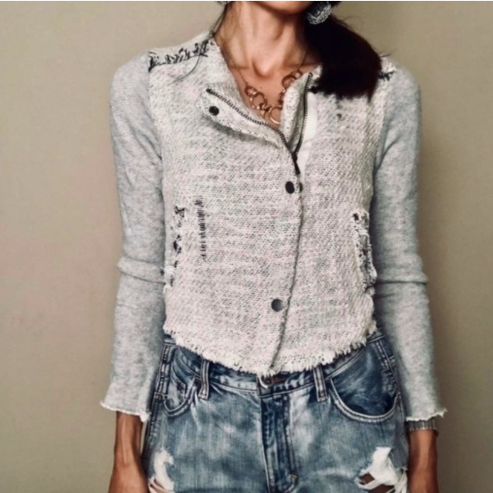 Hinge Anthropologie Frayed Tweed Knit Crop Moto Jacket Blazer Soft Girl Boho